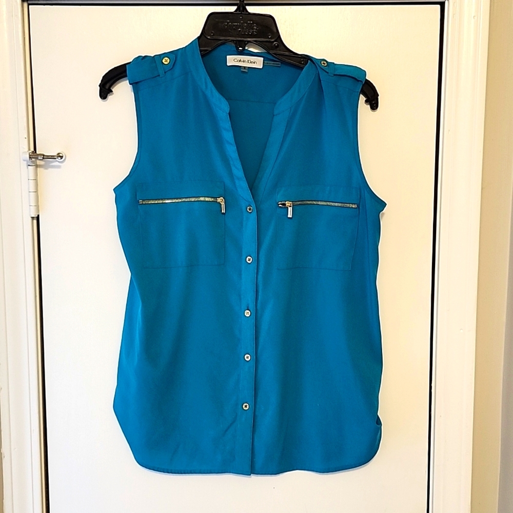 🔥SALE Calvin Klein Teal Blue Sleevless Button-up Dress Shirt - Picture 3 of 5
